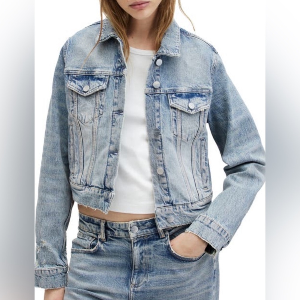AllSaints Cropped Distressed Denim Jacket XS Light Wash Frayed Hem Buckle Back
